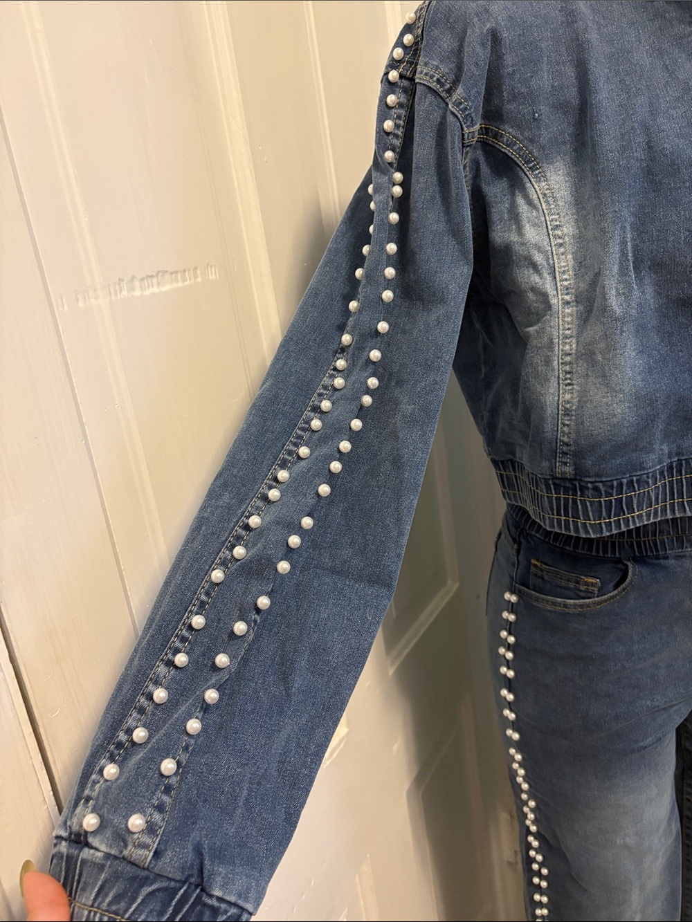 Pearl-Trim Wide Leg Denim Jeans - Blue - Picture 4 of 8